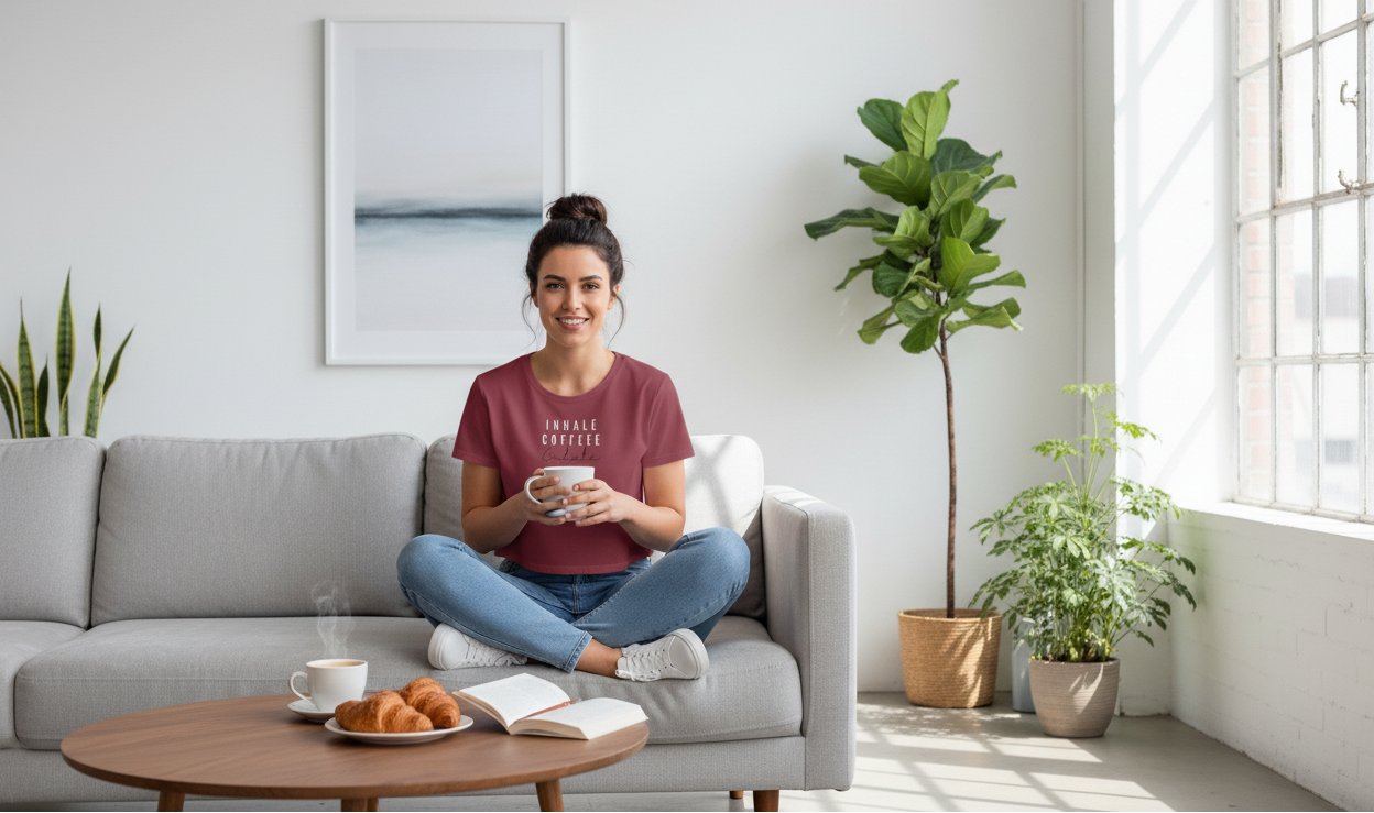 Lifestyle scene with model in maroon crop top